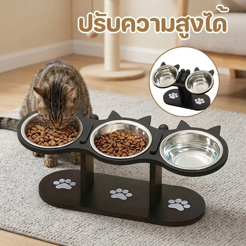 ชามอาหารแมว ยกสูง ปรับระดับได้ ชามสแตนเลส 3 หลุม แท่นไม้ ชามน้ำแมว ชามอาหารสัตว์เลี้ยง