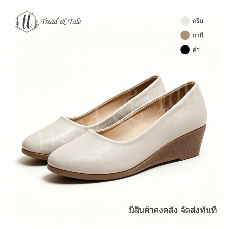 (พร้อมส่งจากไทย)รองเท้าคัชชู ส้นเตารีด สีพื้นใส่สวย มี 3 สี (หน้าเท้ากว้างแนะนำเพิ่มไซส์)35-40