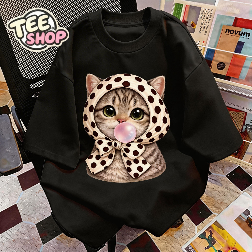 TEE·SHOP🍀 เสื้อยืด oversize เสื้อเท่ๆ เกาหลี " Bubble Cat " เสื้อแฟชั่นใ เกาหลีสไตล์ พิมพ์ลาย ผ้านิ่มใส่สบาย COD📦