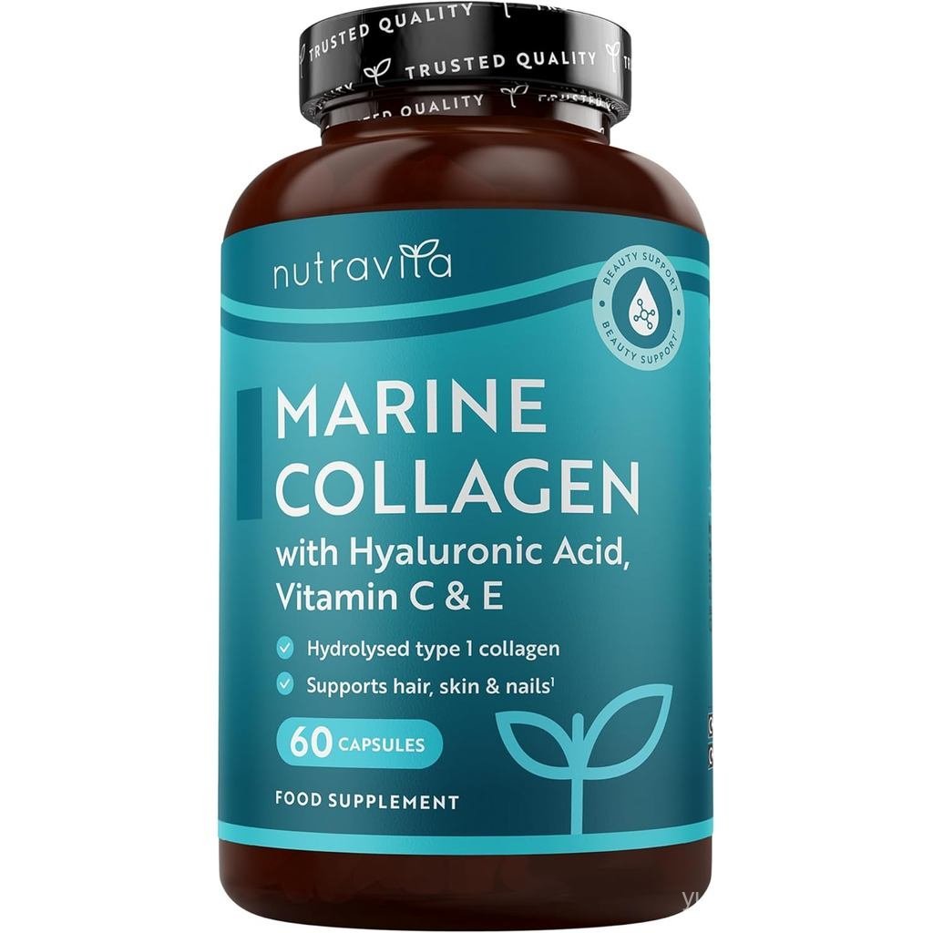 Nutravita Marine Collagen 1000mg 60 แคปซูลของ erior Type 1 Hydrolysed Collagen ปรับปรุงด้วยกรดไฮยาลู
