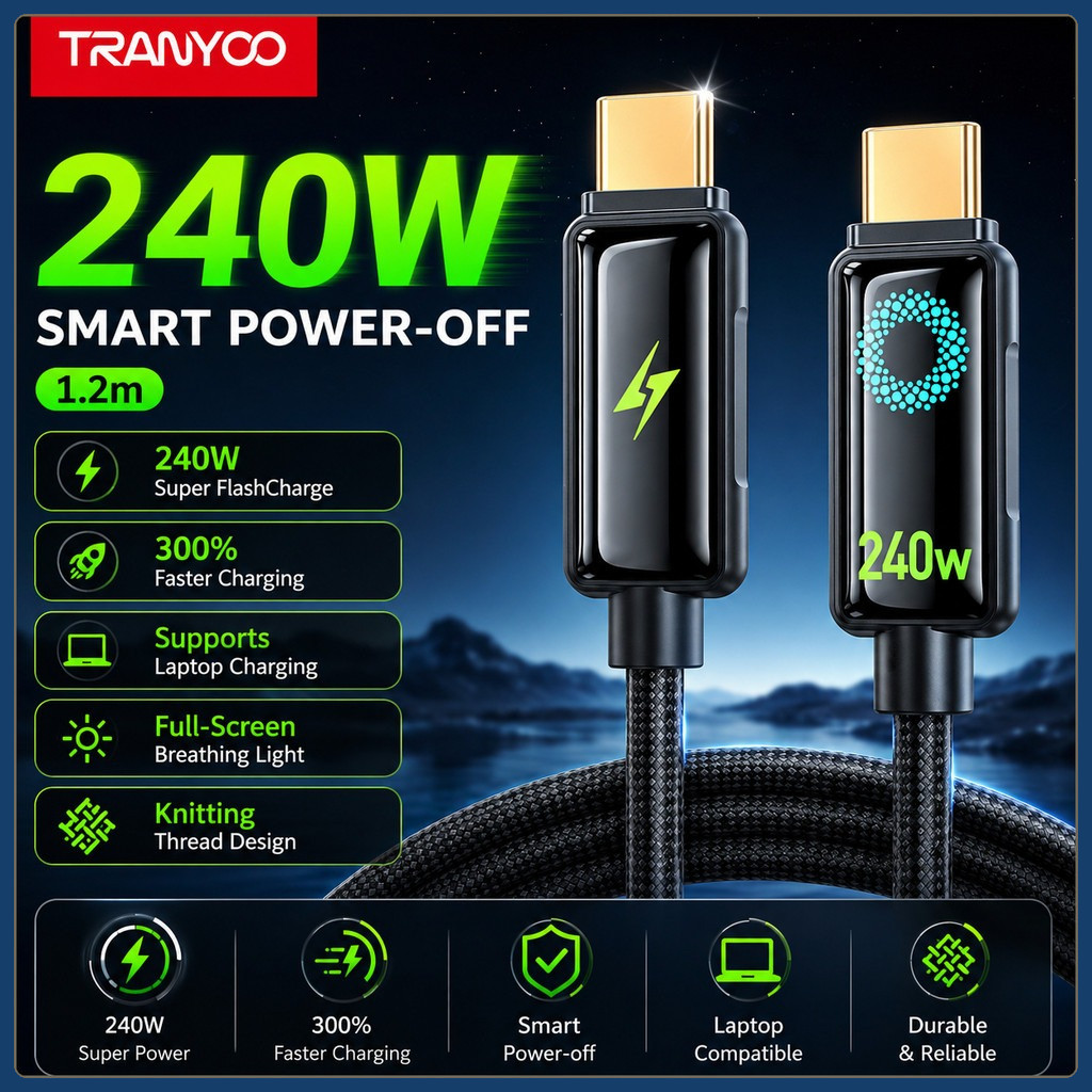 TRANYO0 CC-9 สายชาร์จอัจฉริยะขั้นสูง, 240W C-ke-C, 36W C-to-L เหมาะสําหรับ iPhone, Android, Poco, Sa