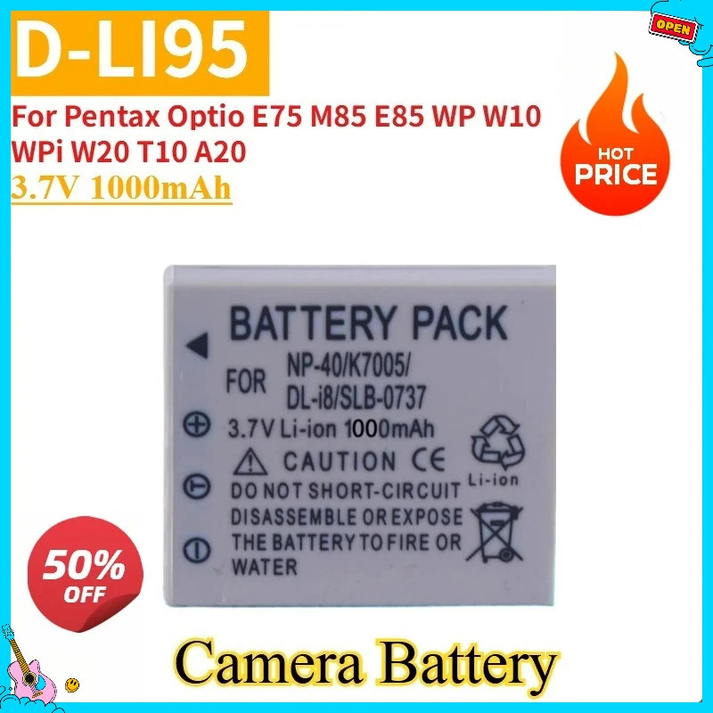 ใหม่เปลี่ยนแบตเตอรี่กล้อง D-LI95 3.7V 1000mAh สําหรับ Pentax Optio E75 M85 E85 WP W10 WPi W20 T10 A2