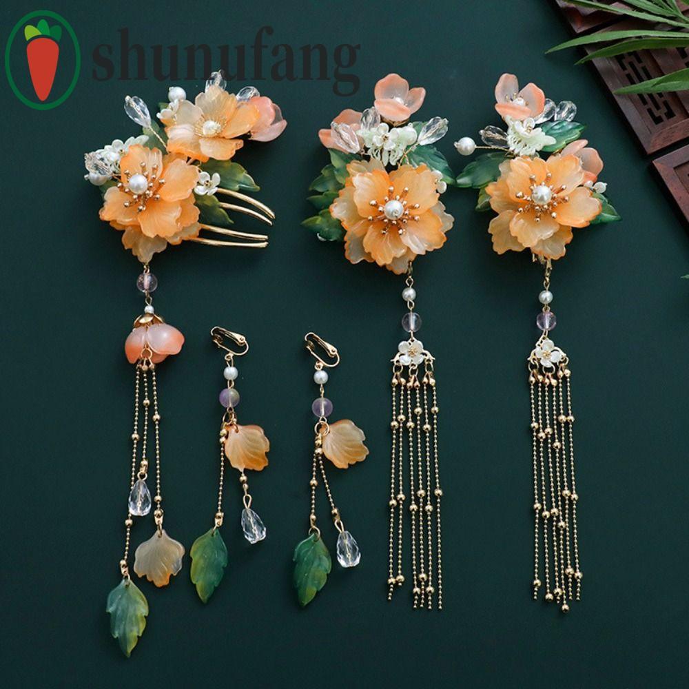 UNUF สไตล์จีน Hairpin ชุด, ต่างหูพู่ Hanfu ผม Stick, ประณีตดอกไม้ผม Sticks สําหรับ Buns Hanfu Headwear ผู้หญิง
