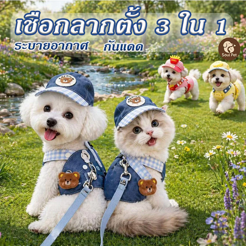 สายจูงสุนัขชุ สายจูงแมว ชุดหมาสไตล์การ์ตูนน่ารัก 3pcs กลางแจ้ง ระบายอากาศด หมวกกันแดดสัตว์เลี้ยง