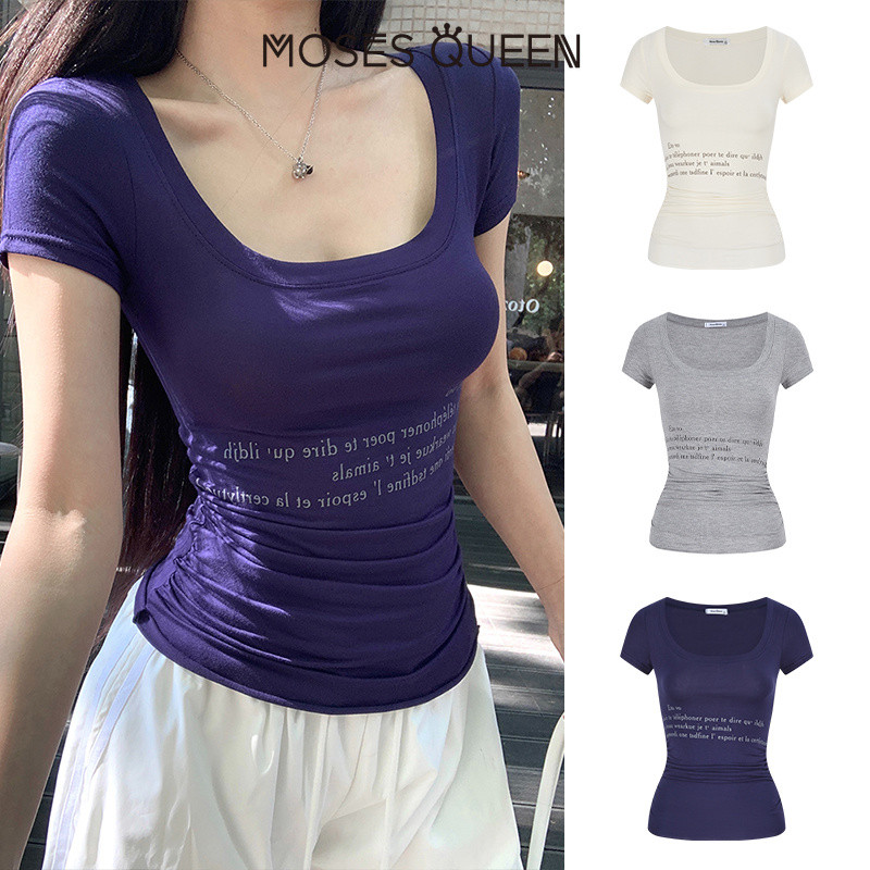 < MOSESQUEEN > มอสส์ ราชินี เสื้อยืดแขนสั้นคอวีแฟชั่นและเซ็กซี่ที่เหมาะกับหุ่นแลดูผอมลงด้วยสไตล์หรูหรา #63668