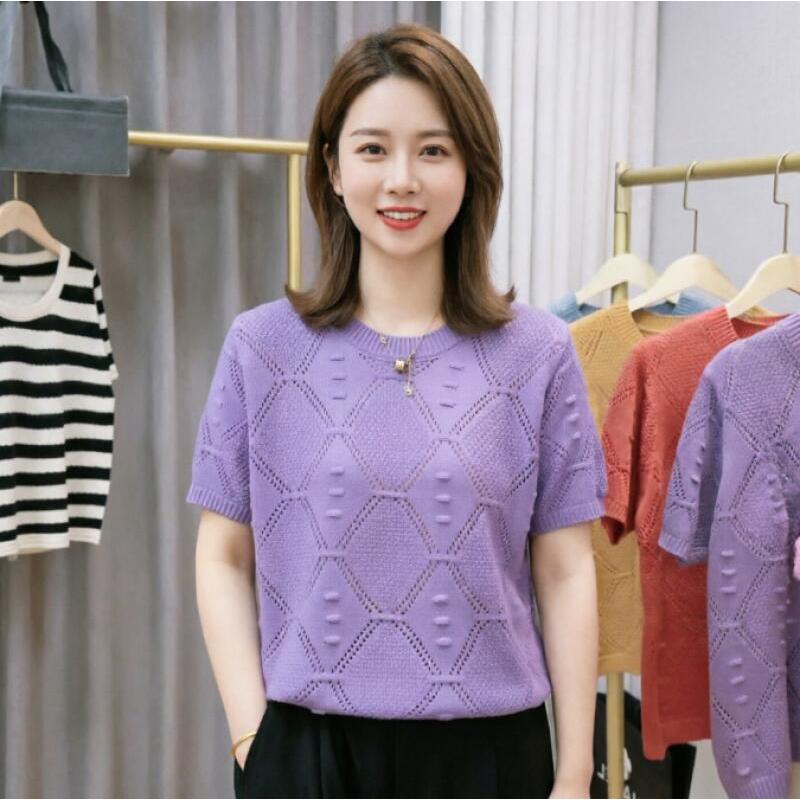 เสื้อยืดผู้หญิง ใหม่แฟชั่นเสื้อถักหลวมมีสไตล์อเนกประสงค์กลวงแขนสั้นลําลองอินเทรนด์ สูงสุด