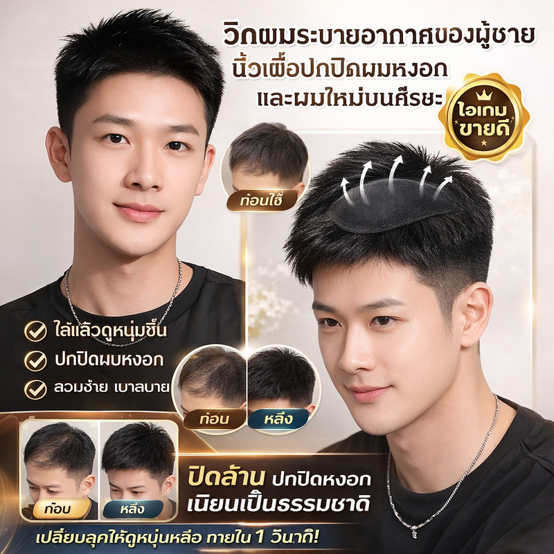 วิกผมผู้ชายปิดผมบางกลางศีรษะ วิกผมท็อปผู้ชาย ติดกิ๊บ เนียนธรรมชาติ ปกปิดหัวล้าน ผมหงอก ใส่ง่าย ระบายอากาศดี เหมาะสำหรับใส่ทำงาน ใช้งานประจำวัน