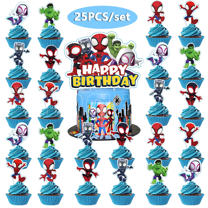 25ชิ้นเดอร์แมนและเพื่อนที่น่าตื่นตาตื่นใจของเขาเค้กและคัพเค้ก ที บน ชุด,ซูเปอร์ฮีโร่ฉลองตกแต่งเค้ก,สําหรับเด็กวันเกิดเด็กอาบน้ําพรรคซัพพลาย