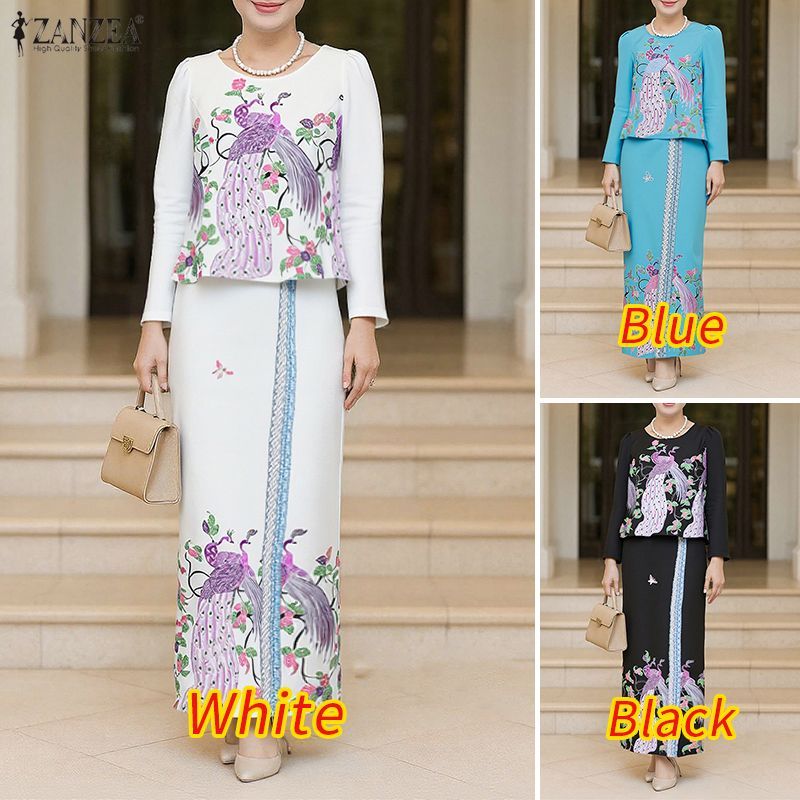 ZANZEA ใส่ ซานเซีย ผู้หญิงเกาหลีหรูหรารอบคอแขนยาวพิมพ์กลับเอวยืดหยุ่นติดตั้งชุดกระโปรงสม๊อค — صورة 3