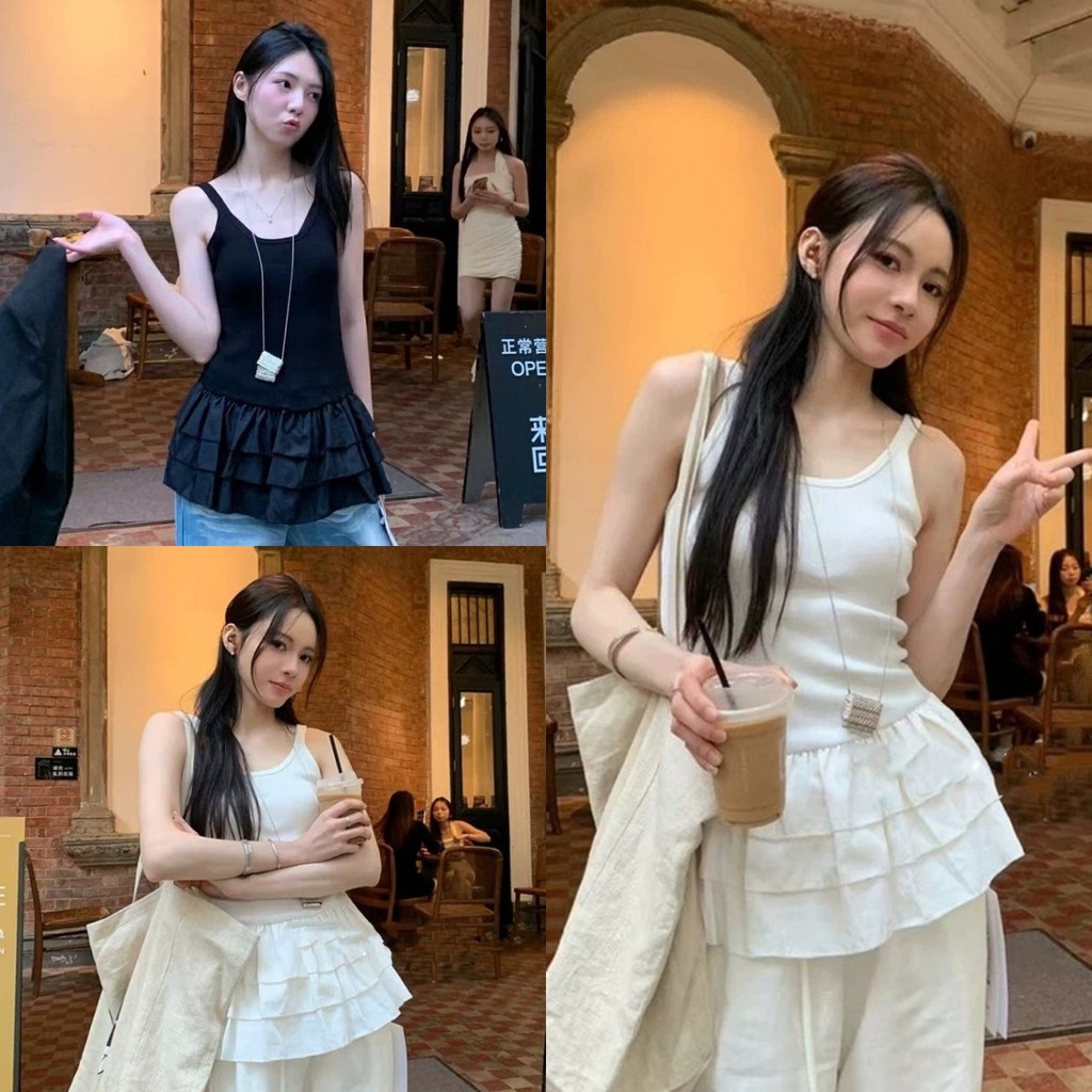 💖Evelyn💖เดรสแขนกุด สายเดี่ยว สีพื้น ดีเทลแต่งปลายน่ารัก เดรสสั้น เกาหลี แฟชั่น ทรงสวย น่ารัก ผู้หญิง