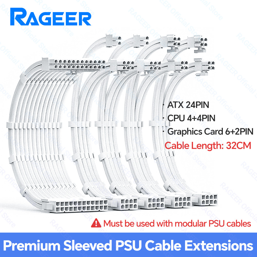 RAGEER PSU สายชุดเมนบอร์ด ATX 24Pin GPU PCI-E 6 + 2Pin 8Pin CPU EPS 4 + 4Pin 18AWG สายไฟ Sleeved พร้อมหวี