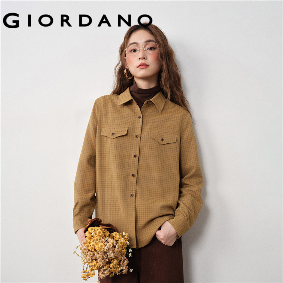 GIORDANO WOMEN Fake flap pockets long sleeve grid shirt 18345708