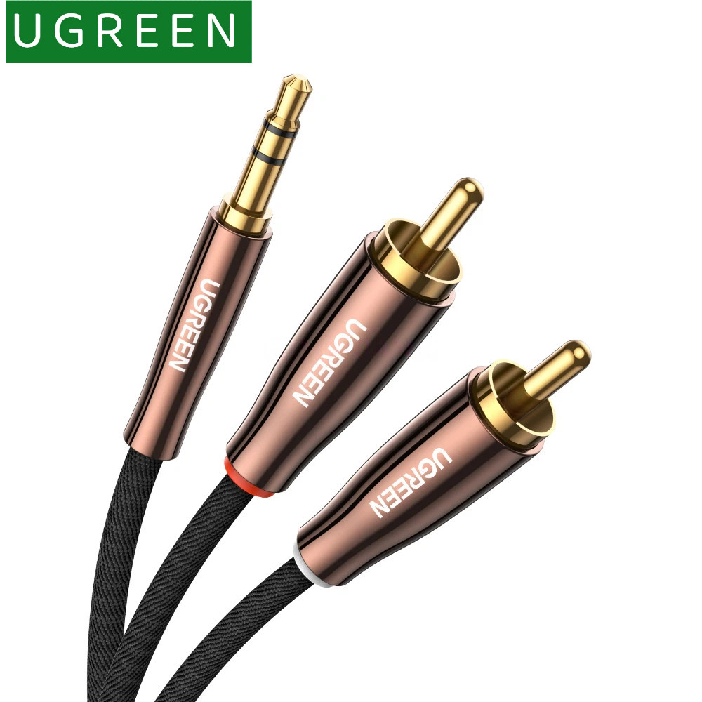 UGREEN สาย RCA 2RCA ถึง 3.5 มม.Hi-Fi ไนลอน-Braided RCA ถึง AUX สายสัญญาณเสียงสําหรับ DJ Controller ลําโพง Turntable TV รถสเตอริโอ
