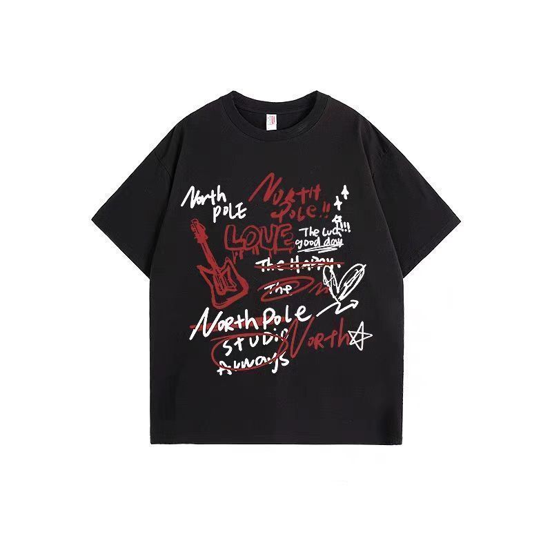 COD ออกแบบใหม่ American Retro Letter Graffiti ฤดูร้อนแขนสั้นพิมพ์เสื้อยืดรอบคอหลวม t2026 I0L6