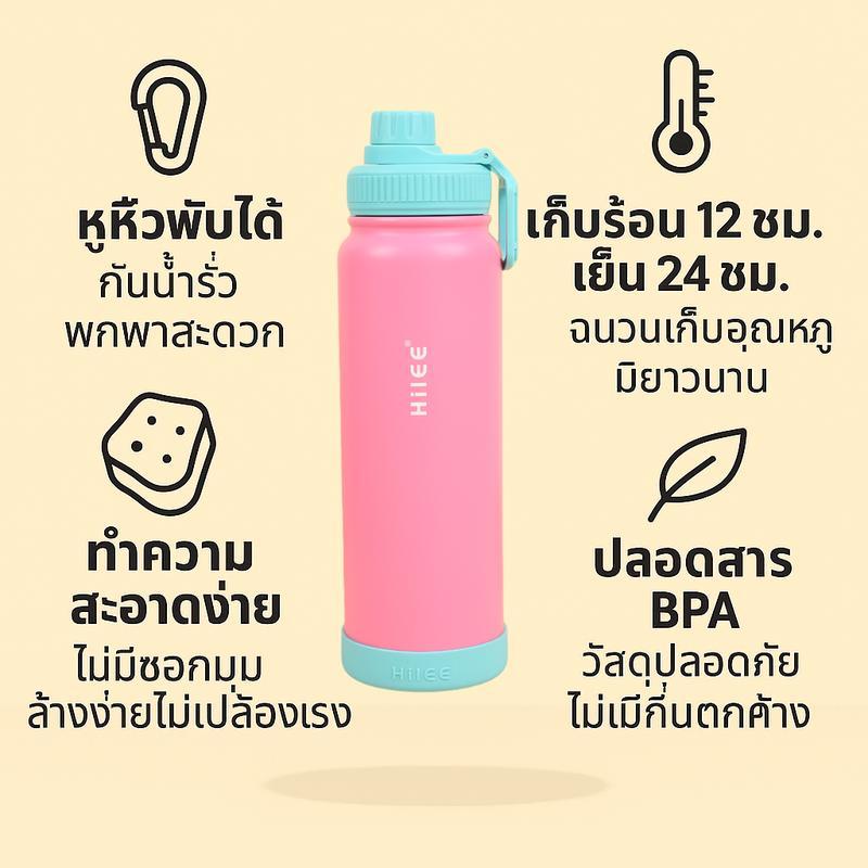 Hilee กระบอกน้ำพกพา สแตนเลสเกรดการแพทย์ 2in1 ฝาเกลียวมีหูหิ้ว  สีพาสเทลสุดคิวท์ กันรั่ว 360° เก็บร้อ