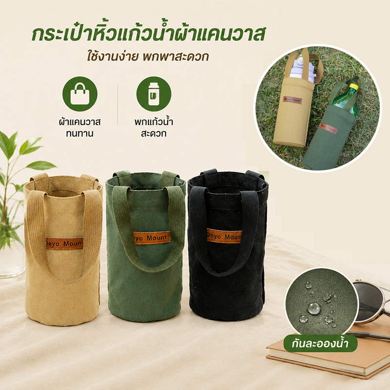 กระเป๋าใส่ขวดน้ำแบบพกพา กระเป๋าถือแก้วน้ำ วัสดุผ้าใบหนา ใส่แก้วน้ำ/กระติกน้ำ/ร่ม สำหรับแคมป์ปิ้ง