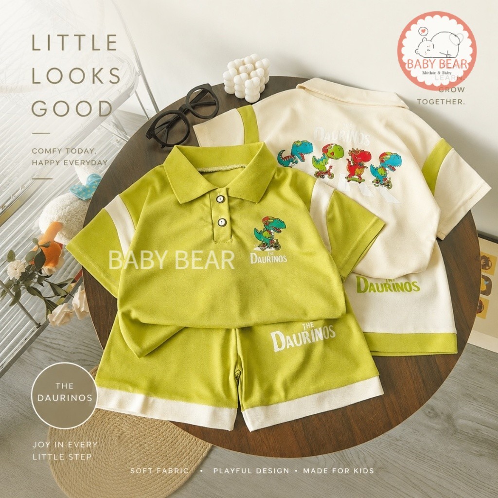 ชุดลำลองเด็ก ชุดเด็กเซ็ตเสื้อโปโล + กางเกงขาสั้น ลายไดโนเสาร์ Dino Kids Set