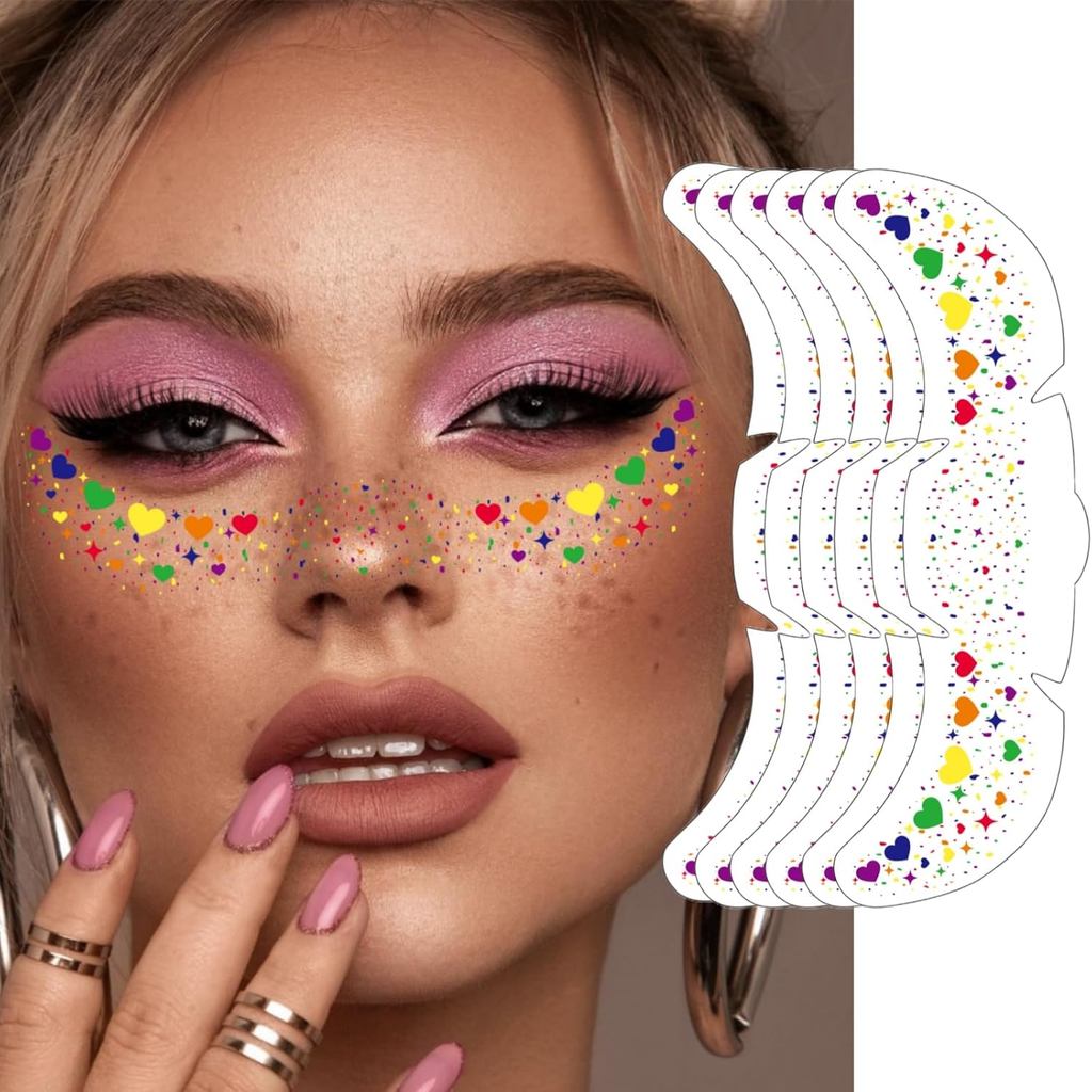 Glitter Freckles Rainbow Pride, 6-Pack Face Tattoo Sparkle Heart Freckles แพทช์แต่งหน้าสําหรับ Face 