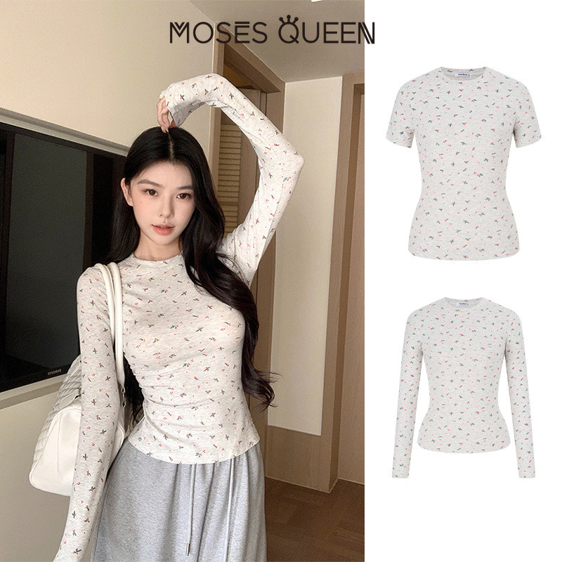 < MOSESQUEEN > มอสส์ ราชินี เสื้อยืดคอกลมแขนยาวและแขนสั้นพิมพ์ลายดอกไม้มีให้เลือก 2 แบบ ท็อปส์ซูทรงเข้ารูปและมีสไตล์เหมาะกับทุกโอกาส #63625+63626