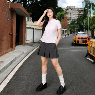เสื้อเชิ้ตผู้หญิง แขนสั้น คอปก มีไซส์ S-2XL สีชมพูอ่อน ลายจุด Polka Dot กระดุมหน้า ทรงเข้ารูป