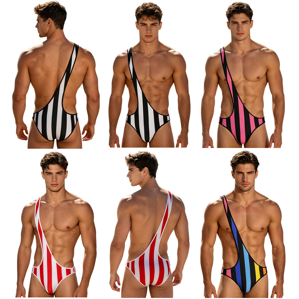 Freebily Mens Striped One Shoulder ชุดว่ายน้ํา Thongs Quick-dry Mankini One Piece ชุดว่ายน้ําสําหรับชายหาดสระว่ายน้ํา Sunbathing