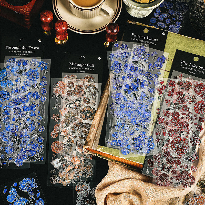 Infeel.Me PET สติกเกอร์ภูเขาดอกไม้ Ru Jade Series Retro Hot Silver Flower คู่มือวัสดุ 3 แผ่น 4 รูปแบบ