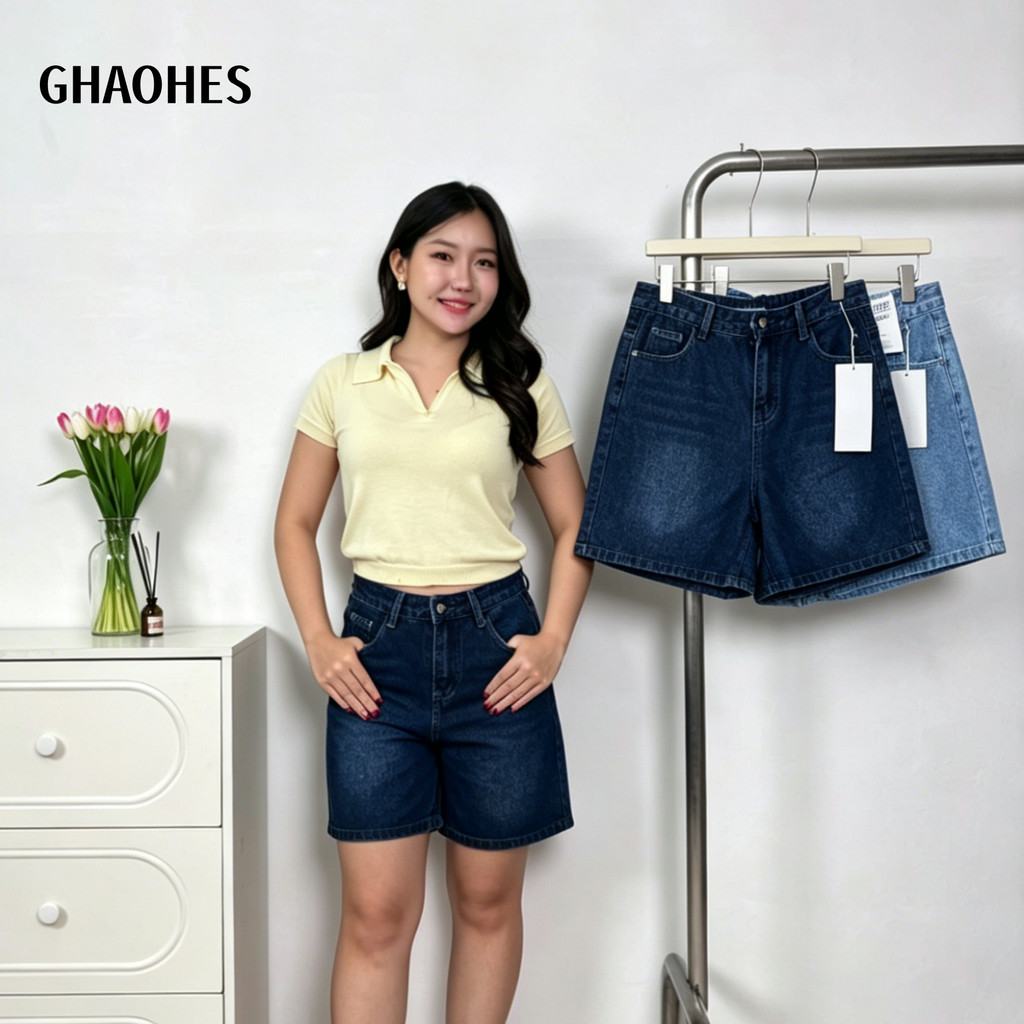GHAOHES กางเกงยีนส์ขาสั้นผู้หญิงเอวสูง ความยาว18นิ้ว ใส่สบายยืดได้ ทรงกระชับซ่อนขาโต  #6633-6634