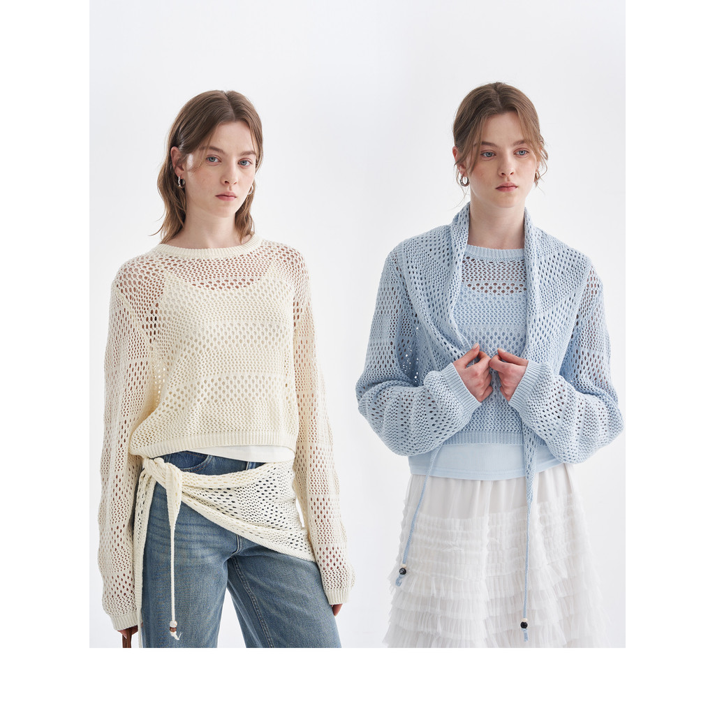 Dotdrobe Dotdrobe Posy Style Hollow Long-Sleeved Vest+Blouse + ผ้าพันคอชุดถักสามชิ้นผู้หญิง
