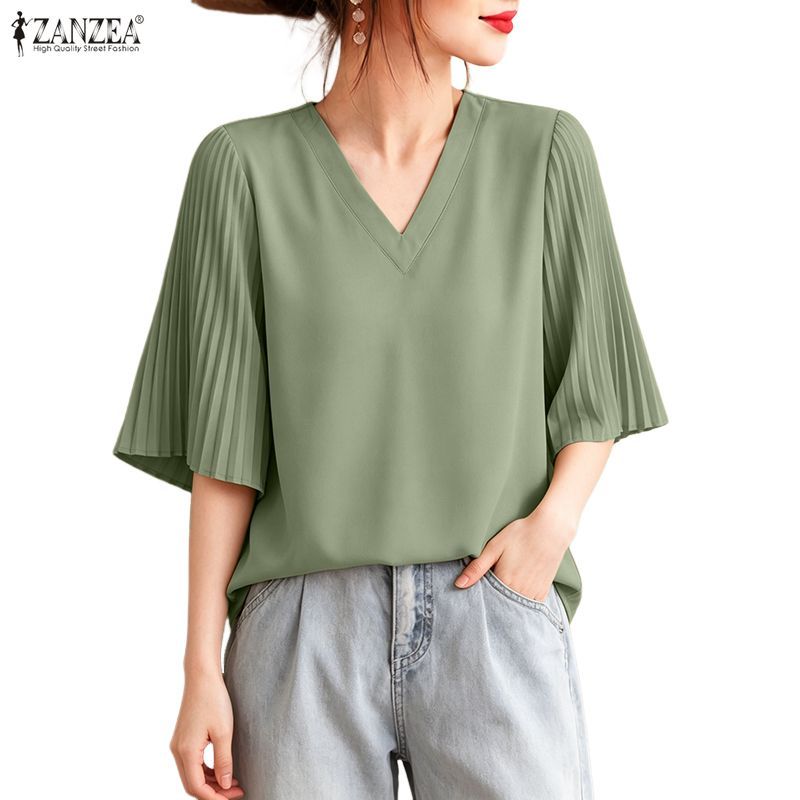 ZANZEA เสื้อเบลาส์สีทึบจีบวันหยุดเกาหลีสําหรับผู้หญิง