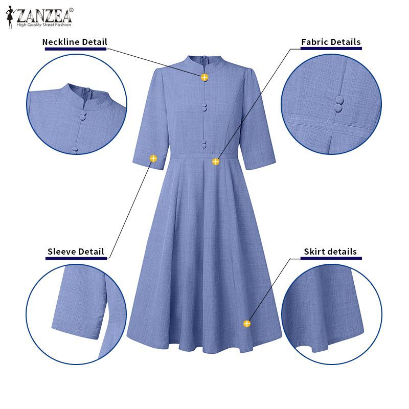 ZANZEA ผู้หญิงเกาหลีหรูหราระดับไฮเอนด์ปุ่มแขนกลางตกแต่งชุด A-Swing - รูปที่ 6