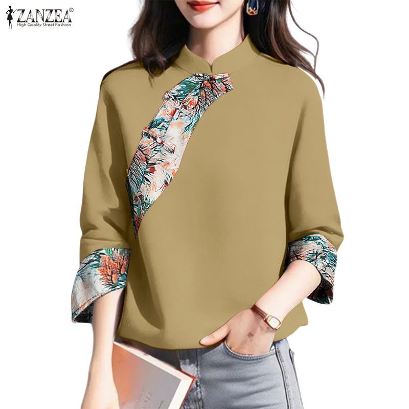ZANZEA ยืนคอพิมพ์ปุ่มสไตล์จีน 3/4 แขนเสื้อ