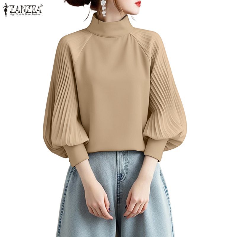 ZANZEA ใส่ ซานเซีย ผู้หญิงเกาหลีแขนโคมไฟหลวมยืนปกแฟชั่นเสื้อ