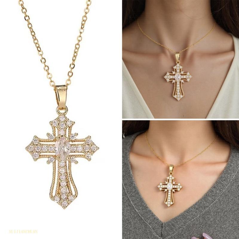 SJT สร้อยคอกางเขนหรูหราเสน่ห์จี้โลหะผสมที่ทนทานเหมาะกับห่วงโซ่ความยาวปรับได้สําหรับสวมใส่ในชีวิตประจ