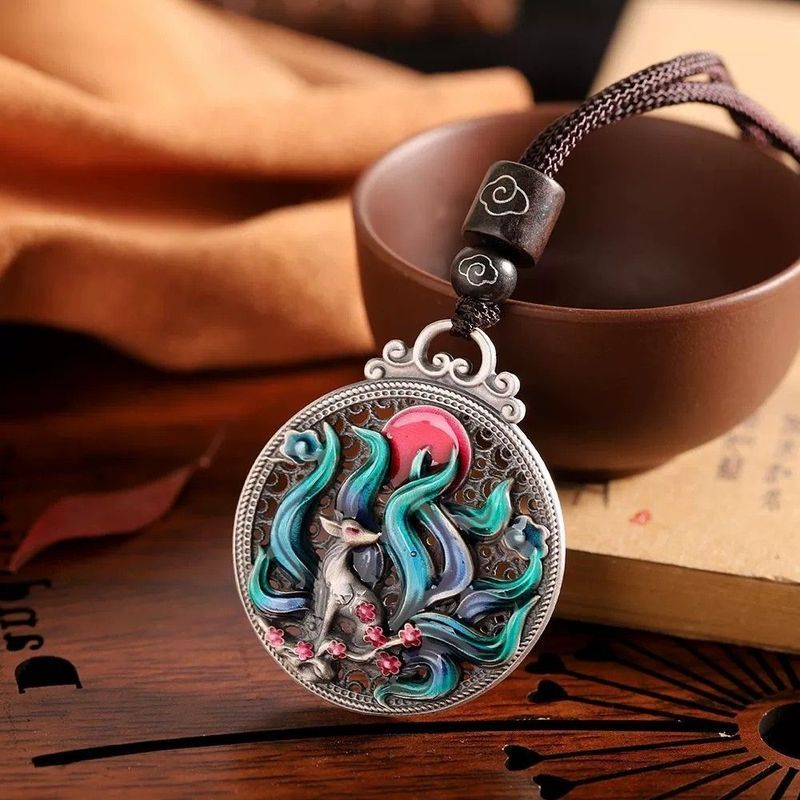 Heavy Industry Retro Niche Cloisonne Nine-Tailed Fox Nothing Card จี้หญิงสไตล์ชาติพันธุ์เงินสเตอร์ลิ