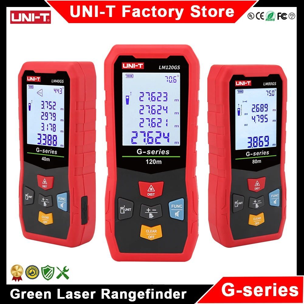 UNI-T Digital Rangefinder เครื่องวัดระยะเลเซอร์สีเขียว LM40GS LM50GS LM60GS LM80GS LM100GS LM120GS เ