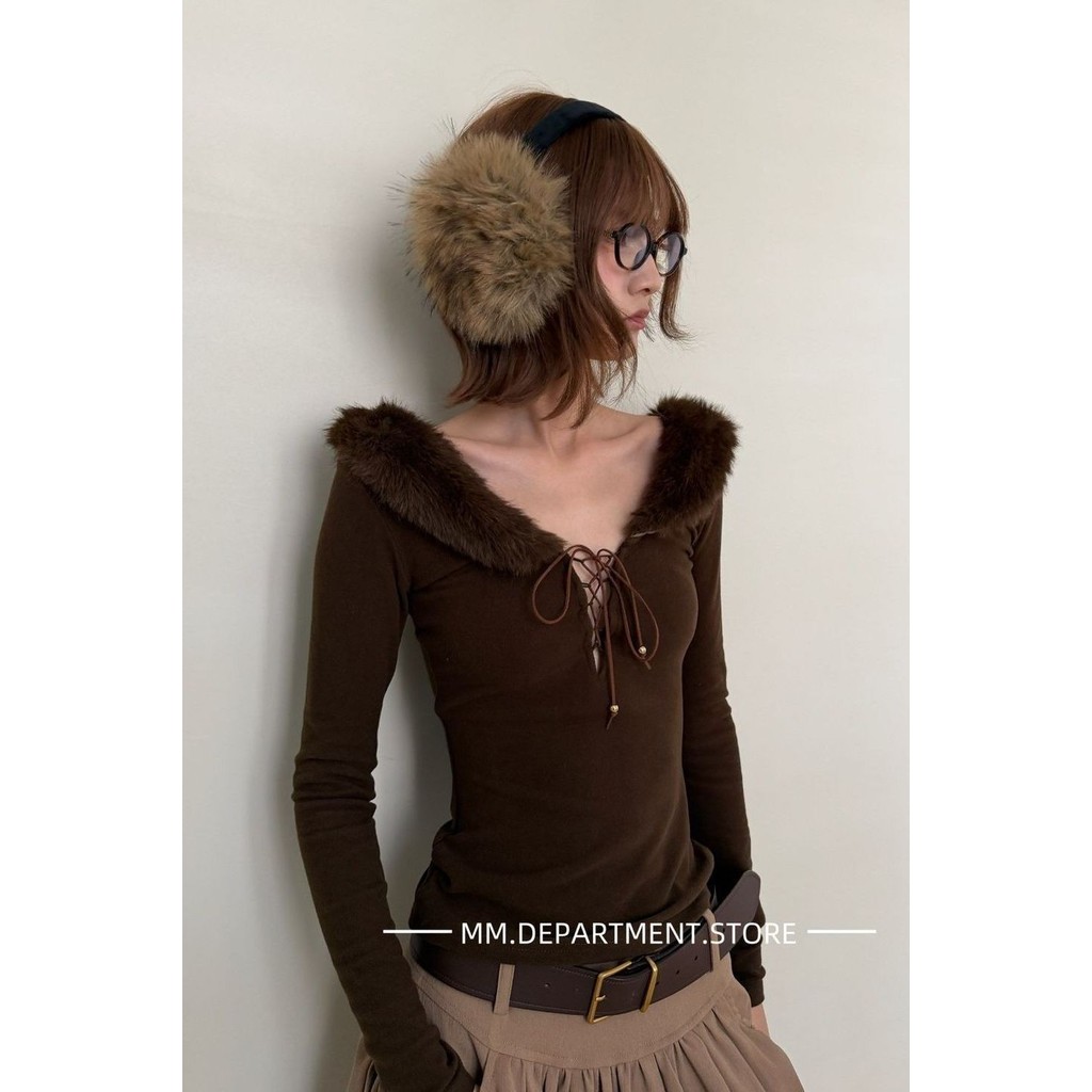 บ้านสไตล์ Abi สีทึบสบายๆ All-Match Top ผู้หญิงขนสัตว์เย็บออกแบบ V คอ Bottoming เสื้อ 12.11