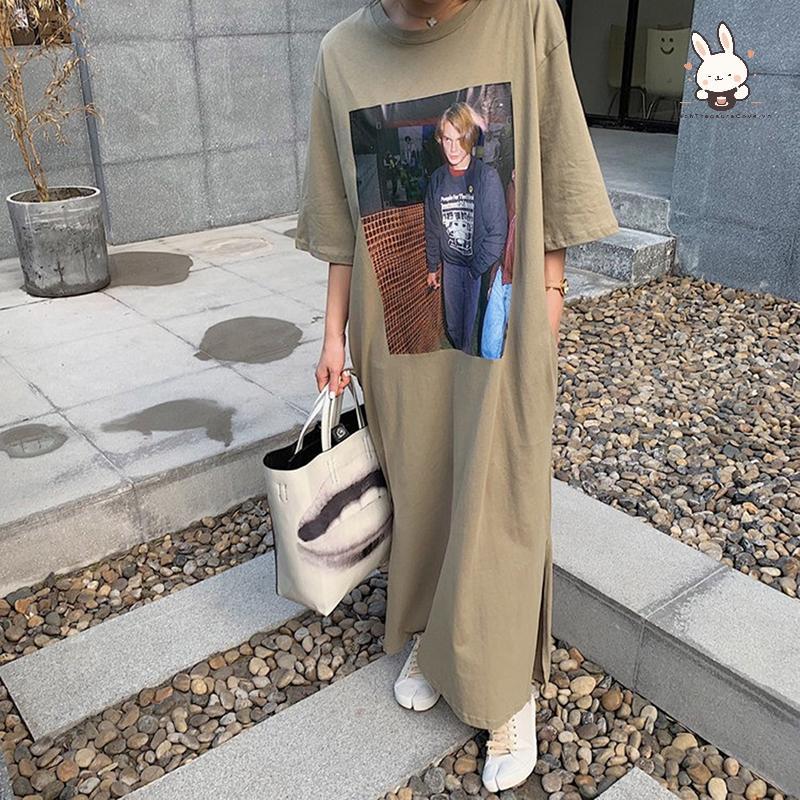 [Teh] ฤดูร้อนเกาหลี Street สไตล์หลวม O-คอ Hip-Hop พิมพ์ผู้หญิงเสื้อยืดชุดลําลองชุดยาว [VN]
