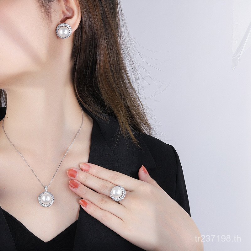 ชุดเครื่องประดับหรูหรา มุกและโมเธอออฟเพอร์ل สร้อยคอมุก แหวน และจี้ 3 ชิ้น WTP3