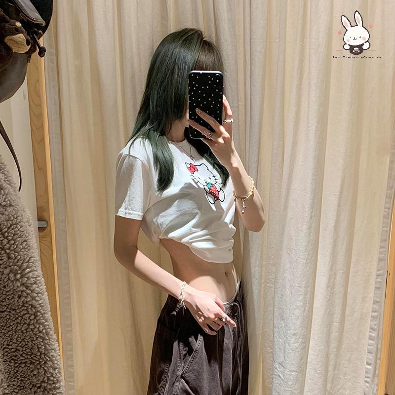 [Teh] Hello Kitty พิมพ์เสื้อยืดลําลอง O-คอสั้นแขนสั้น Tees Harajuku เกาหลีเสื้อยืดฤดูร้อนสําหรับผู้ห