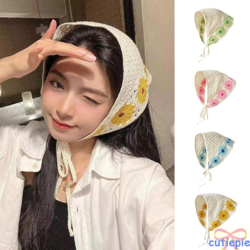 Cutie Elegant Flower Pattern Hair Kerchief Cute Crochet Bandanas Tie Back Headwrap