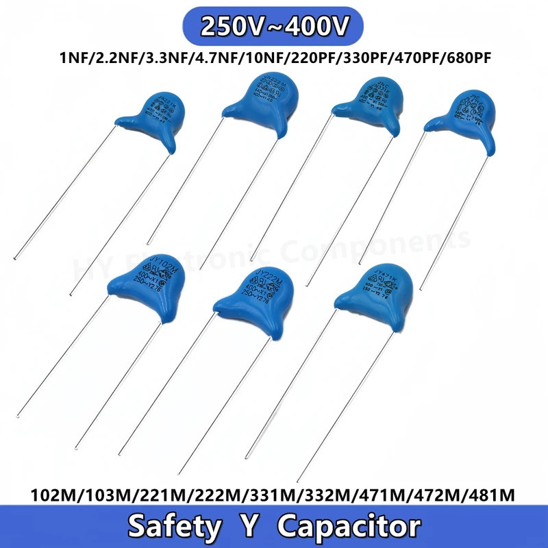 20PCS ความปลอดภัย Y Capacitor X1 Y1 250V AC 400V 220P 332 470PF 680PF 1NF 2.2NF 3.3 4.7NF 10NF 0.004