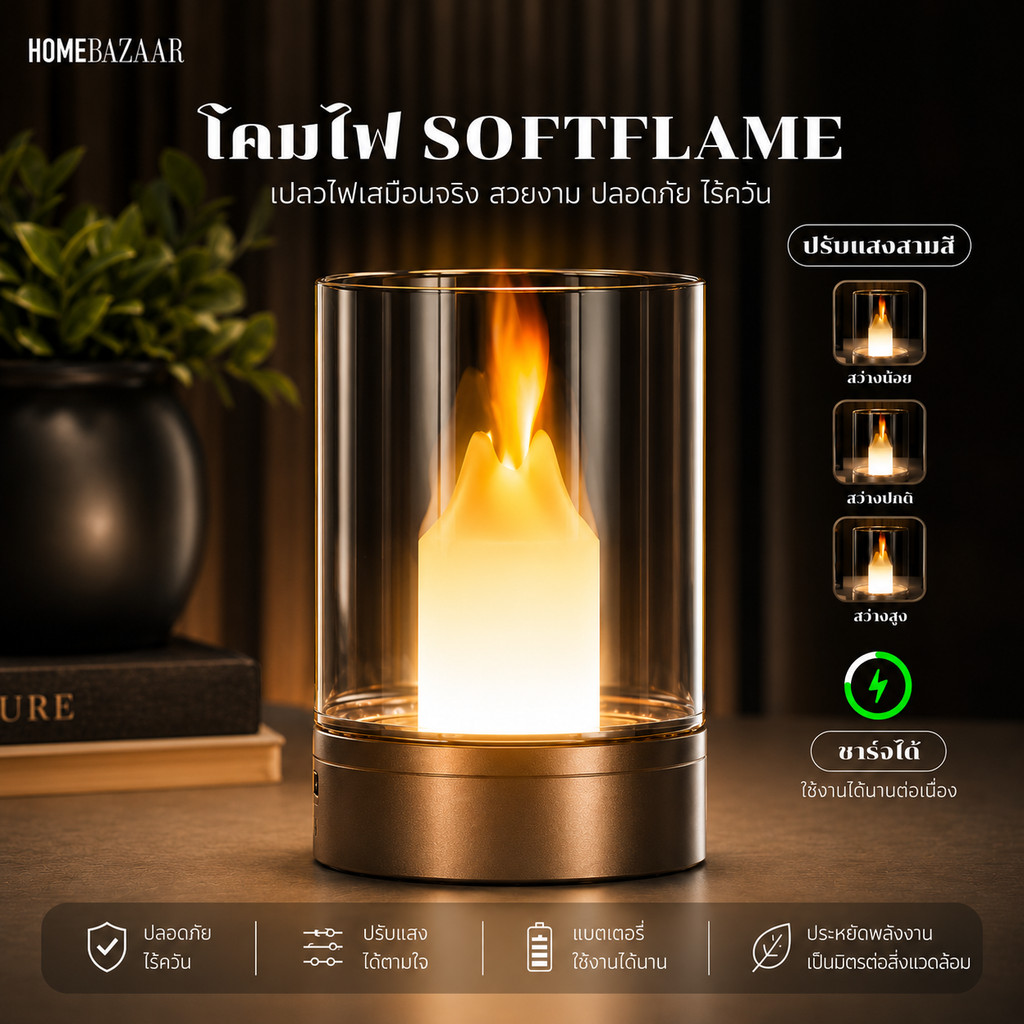 SoftFlame โคมไฟเทียน โคมไฟตั้งโต๊ะ โคมไฟ LED แสงอุ่น ปรับระดับแสงได้ สไตล์มินิมอล โรแมนติก ตั้งโต๊ะ/หัวเตียง/แต่งห้อง