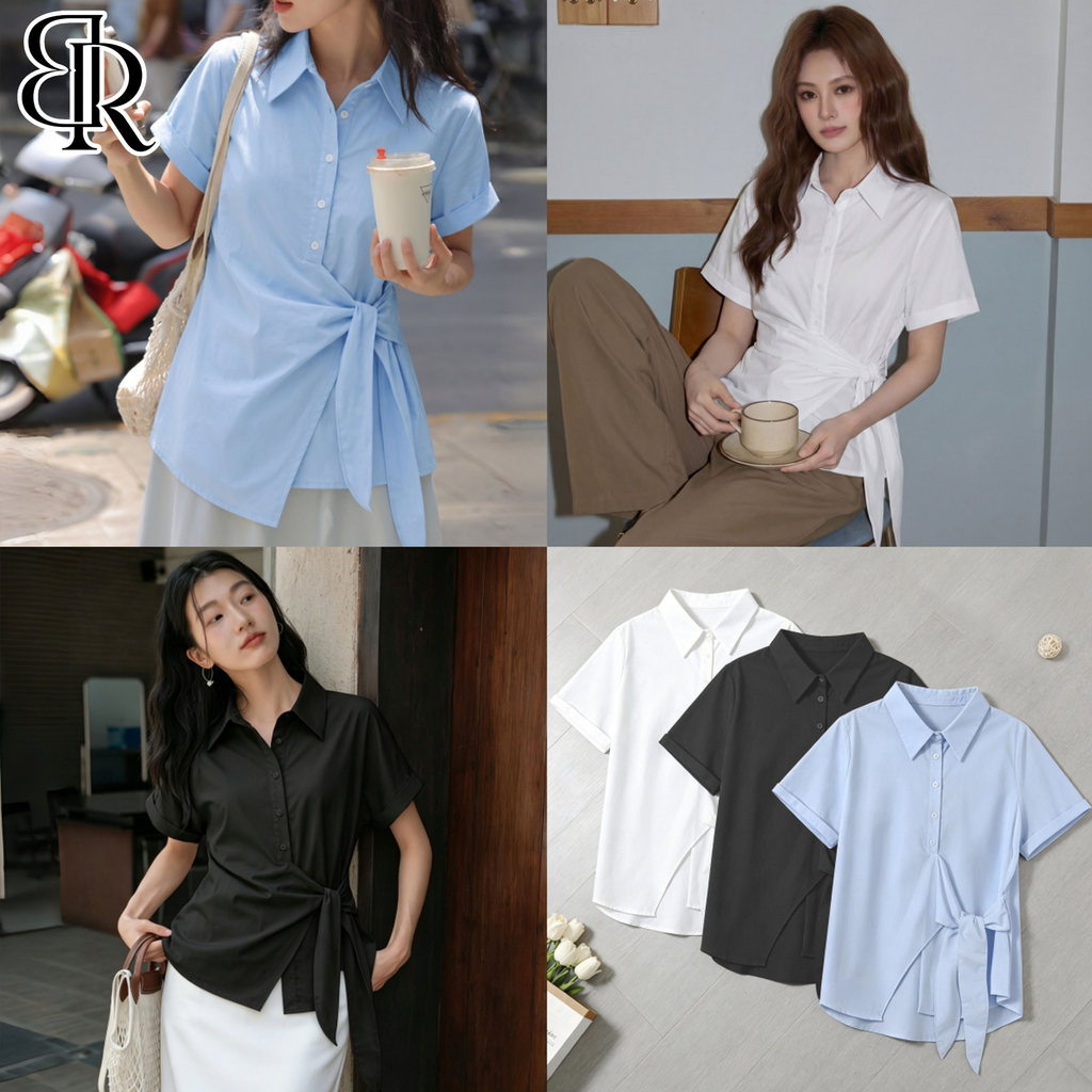 B&R พร้อมส่ง เสื้อเชิ้ตไซส์ใหญ่ผู้หญิง เสื้อแขนสั้นลำลองทำงานฤดูร้อน คอวีเชือกผูกรอบเอวรัดเอว เนื้อผ้านุ่ม ไม่ยับง่าย