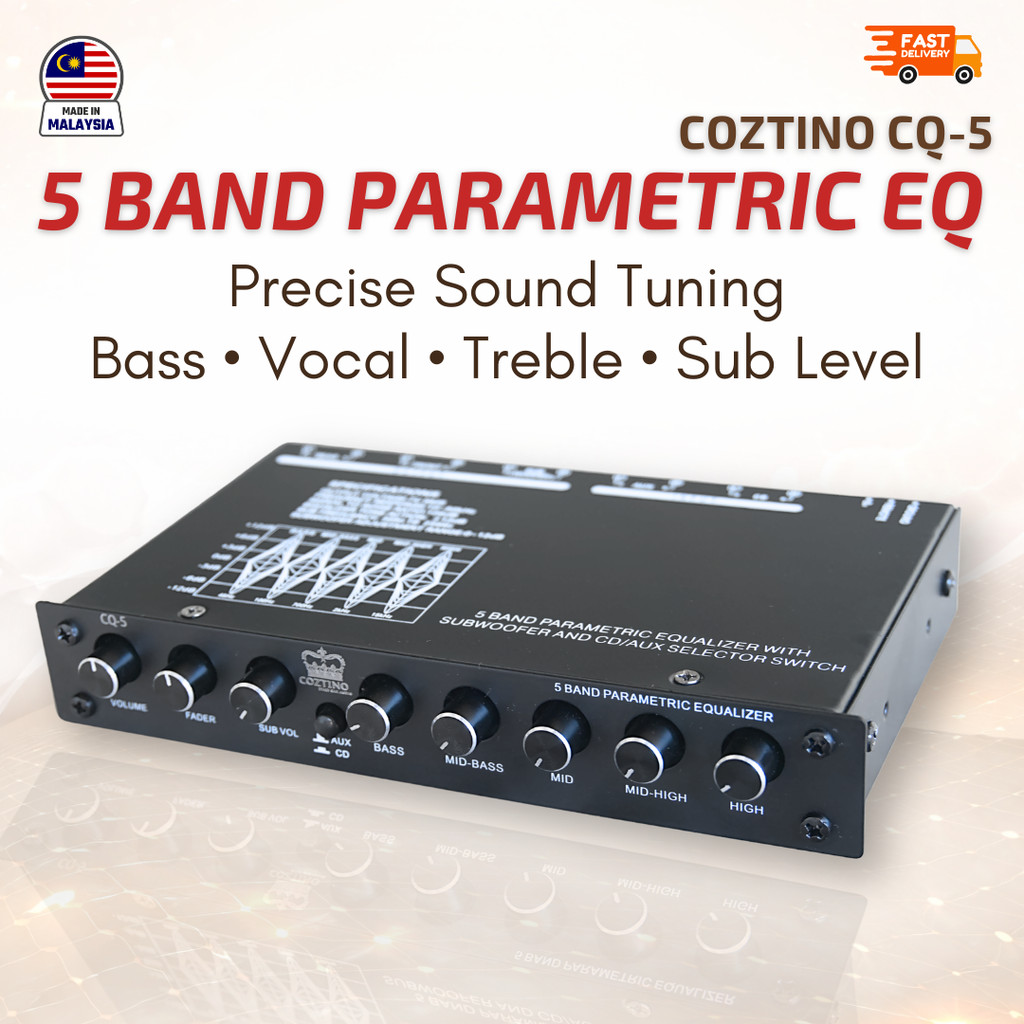 Coztino CQ-5 1/2 Din 5 Band Parametric Equalizer พร้อมซับวูฟเฟอร์และสวิตช์เลือก CD/Aux