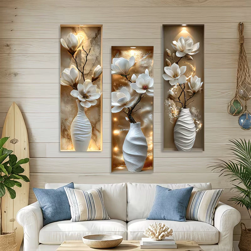 ชุดภาพวาด 3D ติดผนัง 3 ชิ้น ลายดอกไม้และใบไม้ ศิลปะตกแต่งห้องนั่งเล่น สวยงามมีมิติ