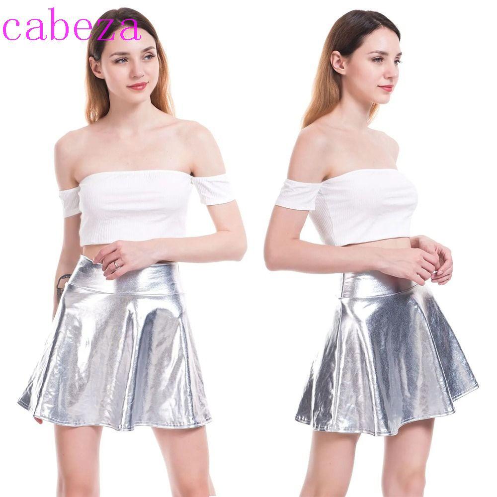 CABEZA กระโปรงจีบโลหะ,ทองเงินRetroเงาชุดสั้น,กระโปรงประสิทธิภาพFlared Design Elegantสีทึบจีบกระโปรงนักเล่นสเก็ตเวทีเครื่องแต่งกาย