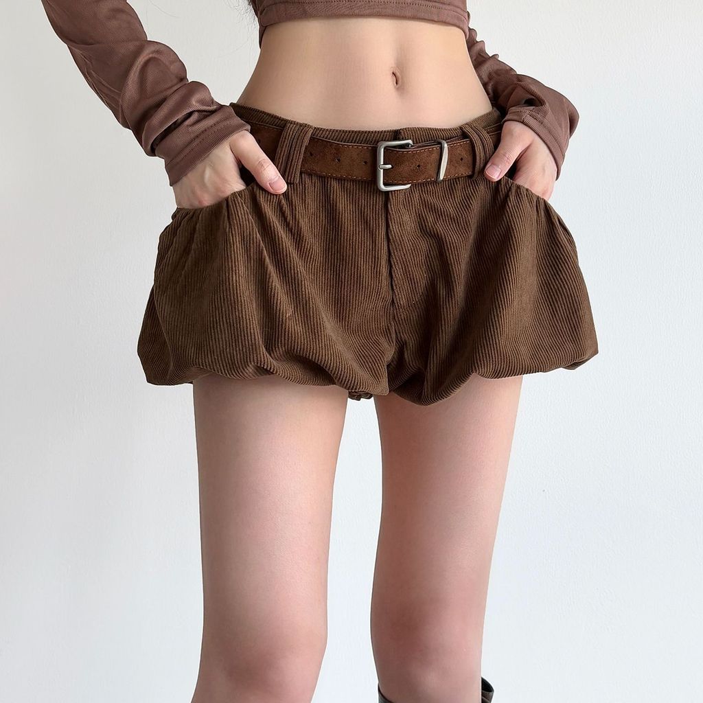 สไตล์อเมริกันย้อนยุคเอวต่ําปุ่มสีน้ําตาล Bud กางเกงขาสั้นผู้หญิง Street All-Match กางเกงลําลองหลวม