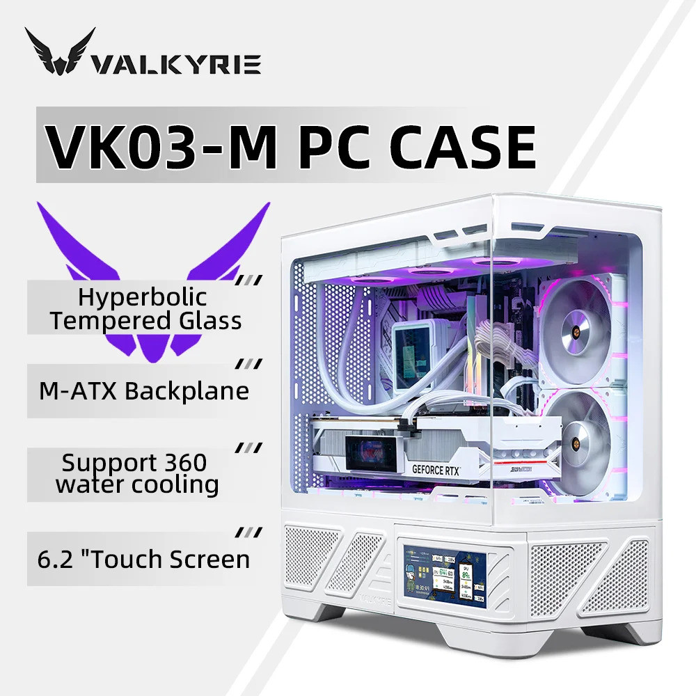 Valkyrie Vk03-m Lcd M-atx Gaming Pc Desktop Case รองรับน้ํา 360 หน้าจอสัมผัสขนาด 6.2 นิ้ว กระจกโค้ง 