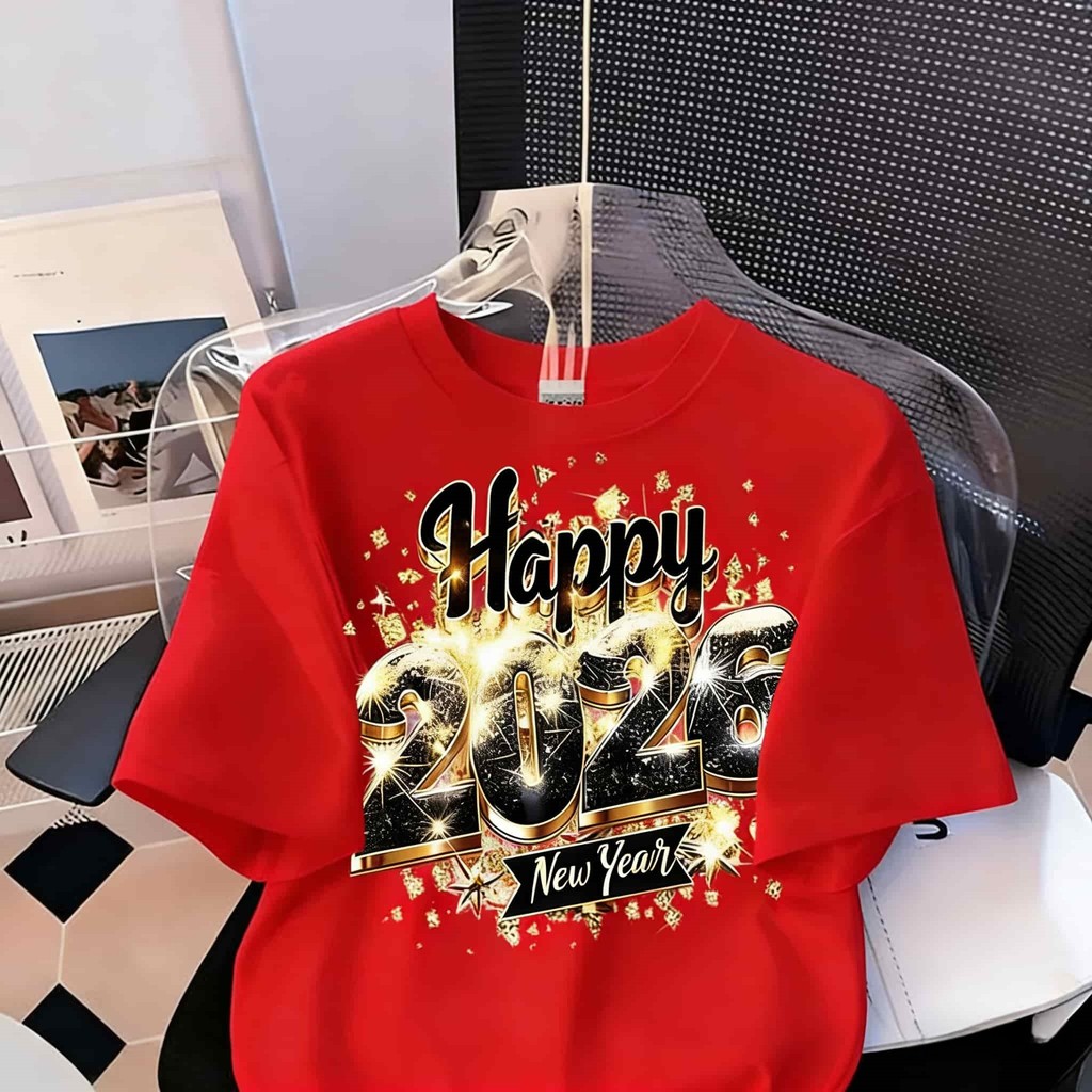 UT shop🎅เสื้อแฟชั่น เสื้อยืด oversize ผ้าCotton 100% เสื้อแฟชั่น 'Happy New Year'  สบายและนุ่ม แขนสั