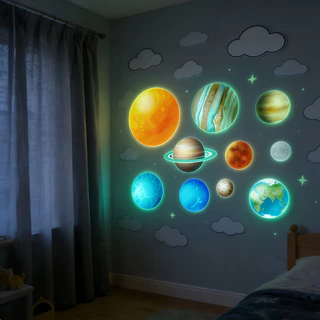 สติ๊กเกอร์ติดผนัง เรืองแสงดาว เรืองแสงในที่มืดวอลล์เปเปอ เก้าดาวเคราะห์ DIY Space Decor ตกแต่งห้องสําหรับห้องนอนเด็ก